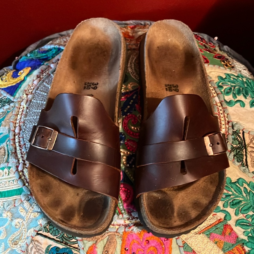Birkenstock/Papillio Olita Brown Leather Women’s slide sandals Sz 39/Sz 9